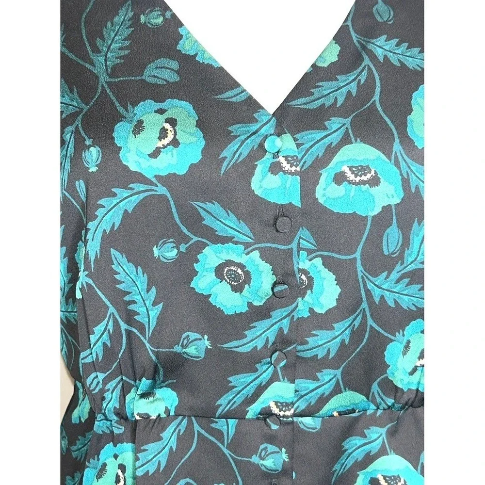 J. Crew Womens Teal Black Floral Poppy Satin Peplum V-Neck Button Blouse Size 10